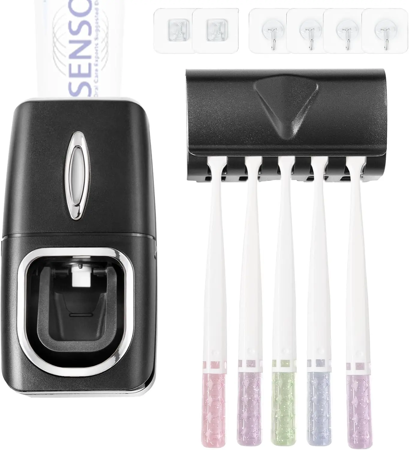 

Держатель зубной щетки и набор автоматических дозаторов зубной пасты, настенные аксессуары для ванной комнаты (черный)