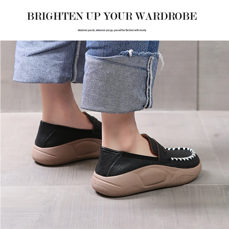 Round head fashion leather flat shoes women\'s outer seam platform shoes 2023 spring and autumn new