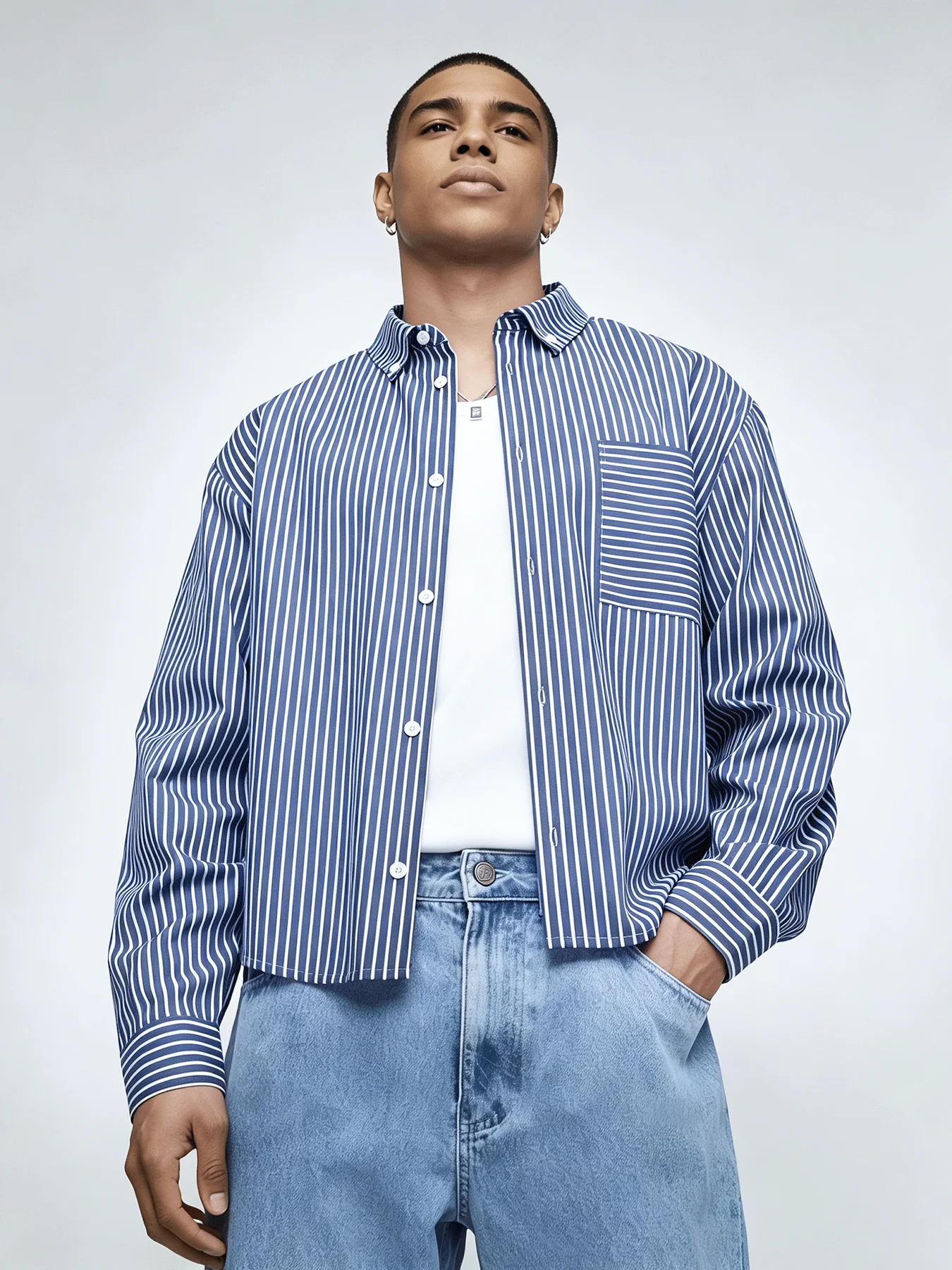 Men's Blue White Striped Button Down Shirt Oversized Cropped Long Sleeve Casual Collared Streetwear Top
