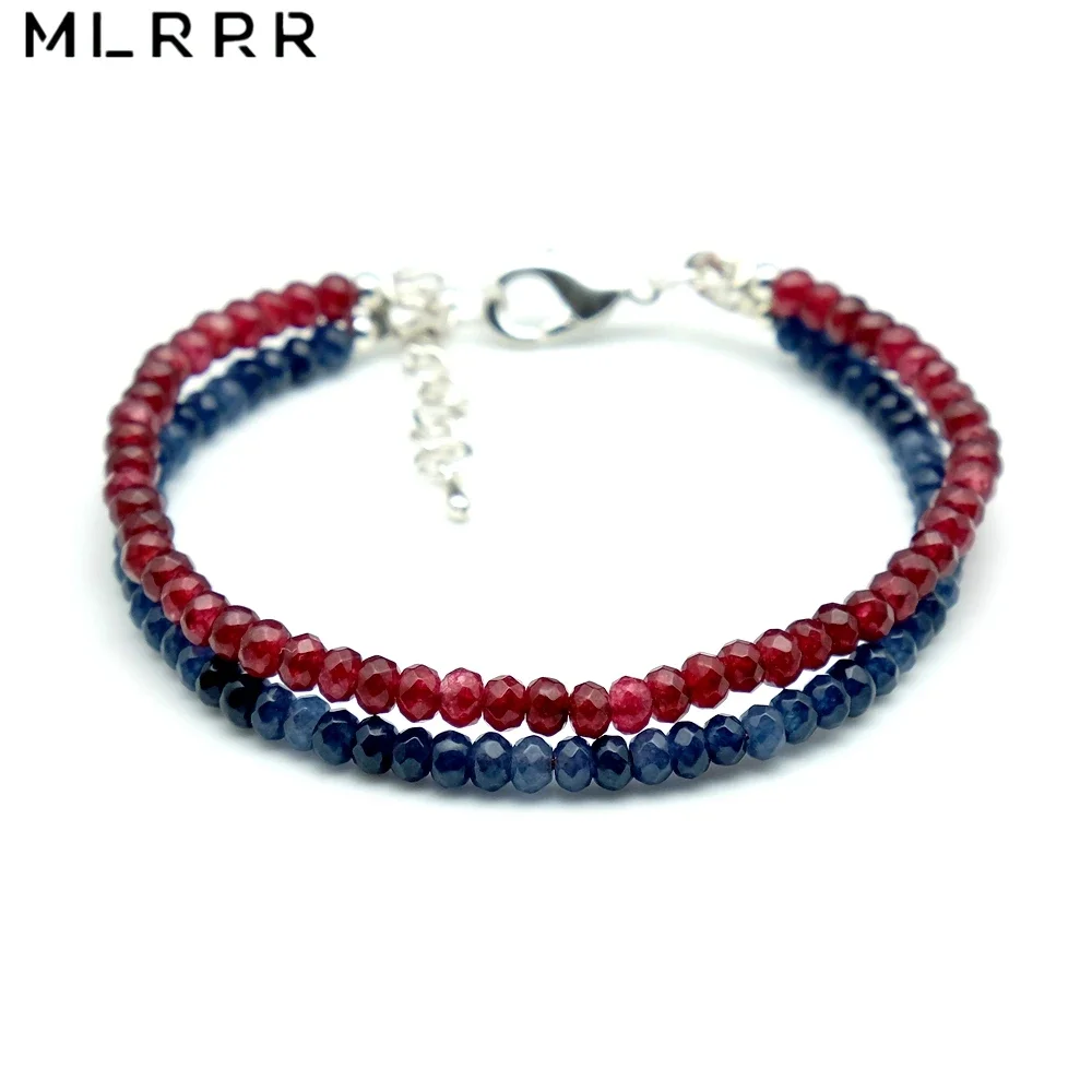 

Vintage Classic Natural Stones Jewelry Deep Red Rubies and Deep Blue Sapphires Beaded Charms Double-layers Bracelets