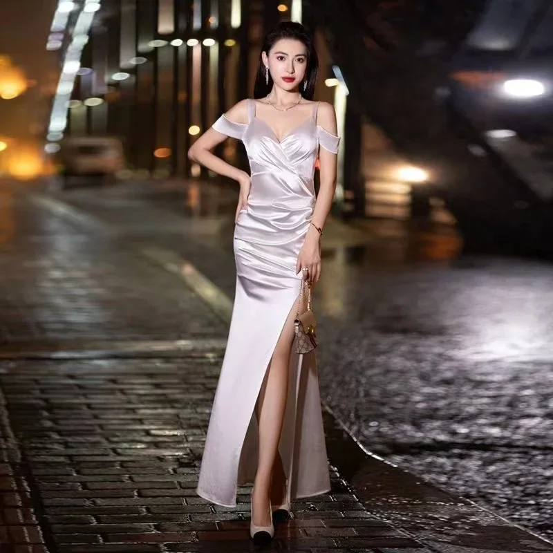 Hot Selling No. 85Suspender Slimming Long Skirt Sexy Silky Off-the-Shoulder V-Neck Evening Gown