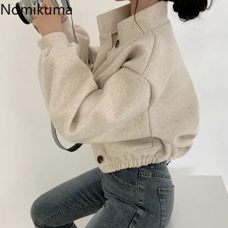 Streetwear Jackets Women's Clothing Stand Neck Casual Woolen Outwear Thicked Crop Tops Fashion Korean Y2k Coat 2024 Ropa Mujer