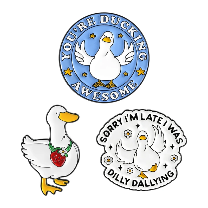 You’re Ducking Awesome Cute Duck Enamel Pin Strawberry Duck Sorry I’m Late I Was Dilly Dallying Brooch Lapel Badge Jewelry Pin