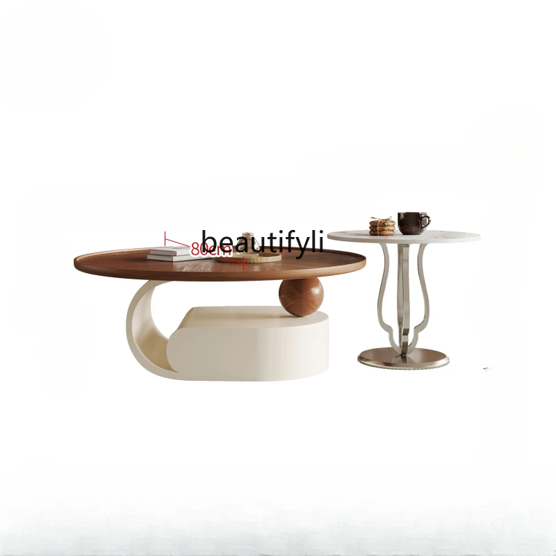 Coffee Table Minimalist round Arc Edge Modern Retro Living Room Household Walnut Color Antique Style