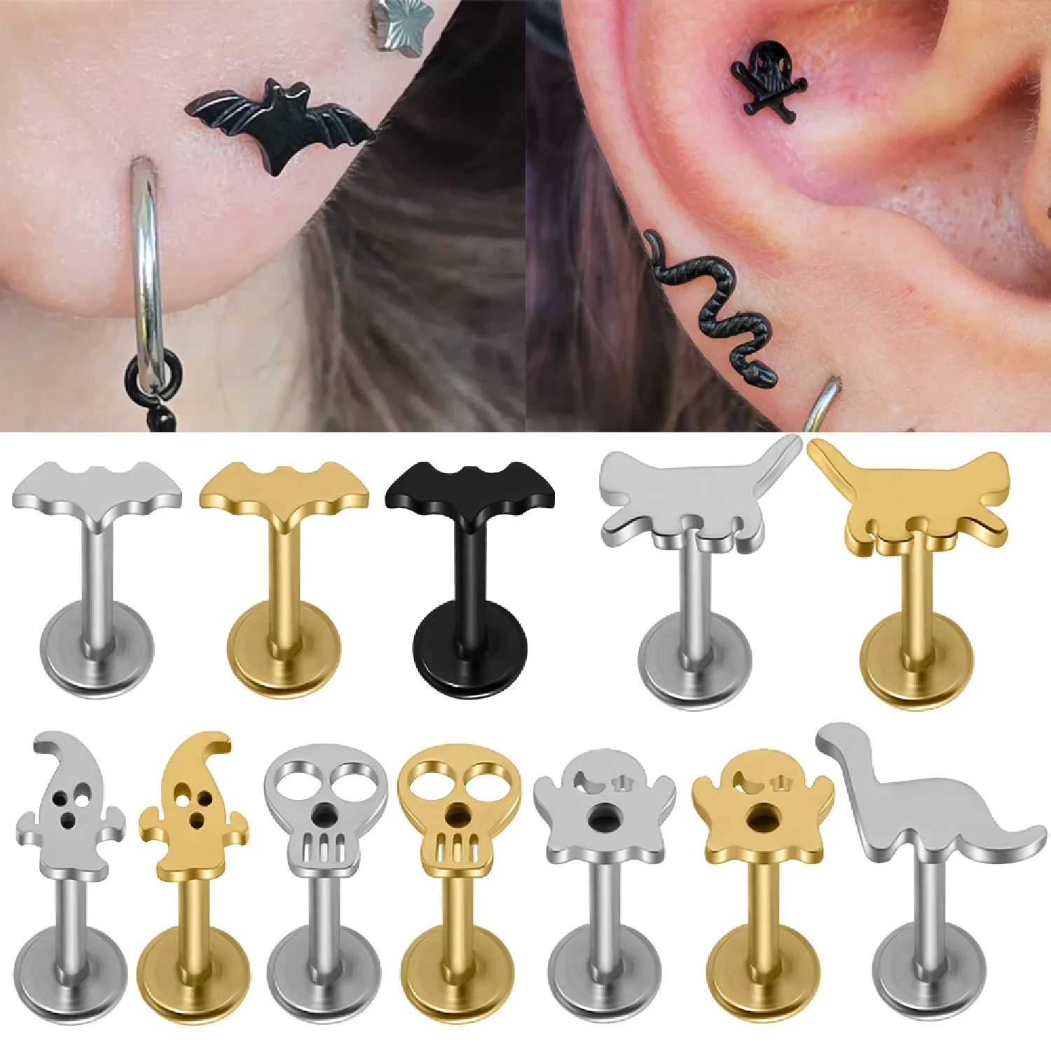 1PCS Black&Gold Color Cat Lip Stud Stainless Steel Lip Piercings Cartoon Skull Ghost Ear Stud Bat Ear Nails Cartilage Earrings