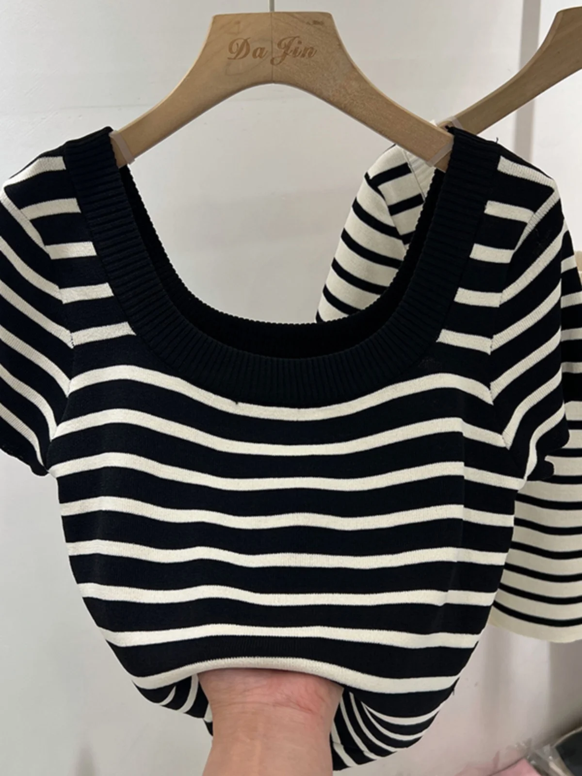 حجم كبير المرأة منخفضة مستديرة Ne الترقوة مخطط محبوك ort Sve تي شيرت الصيف ort عالية الخصر التخسيس