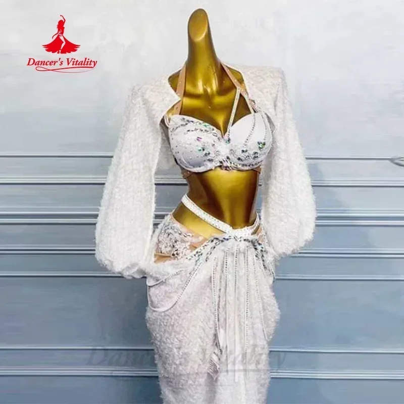 Traje de danza del vientre para mujer, sujetador personalizado con piedras AB, chal y falda larga con borlas, 3 piezas, ropa de competición de baile Oriental para adultos