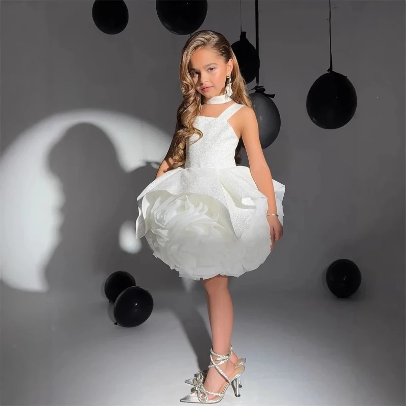 New Children Girls Gown Host Performance Floral Tutu Birthday Party Banquet Costume Elegant White Princess Dress Kids Sleeveless