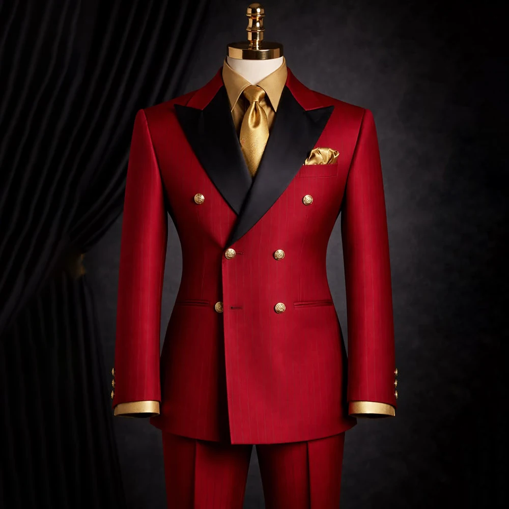 

Men's Red Pinstripe Double Breasted Tuxedo 2 Piece Set Formal Jacket Pants Suit with Black Satin Lapel Prom Party Costume Homme