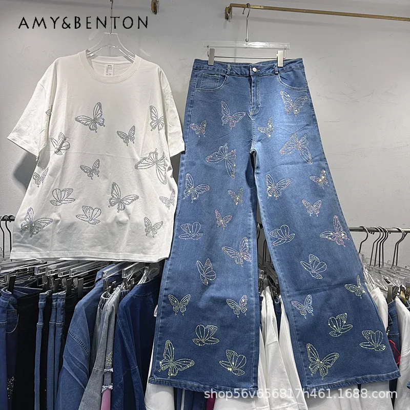 

2026 Autumn New Popular Rhinestone Butterfly Short-Sleeved White Color T-shirt High-Waisted Wide-Leg Denim Pants 2 Pieces Set