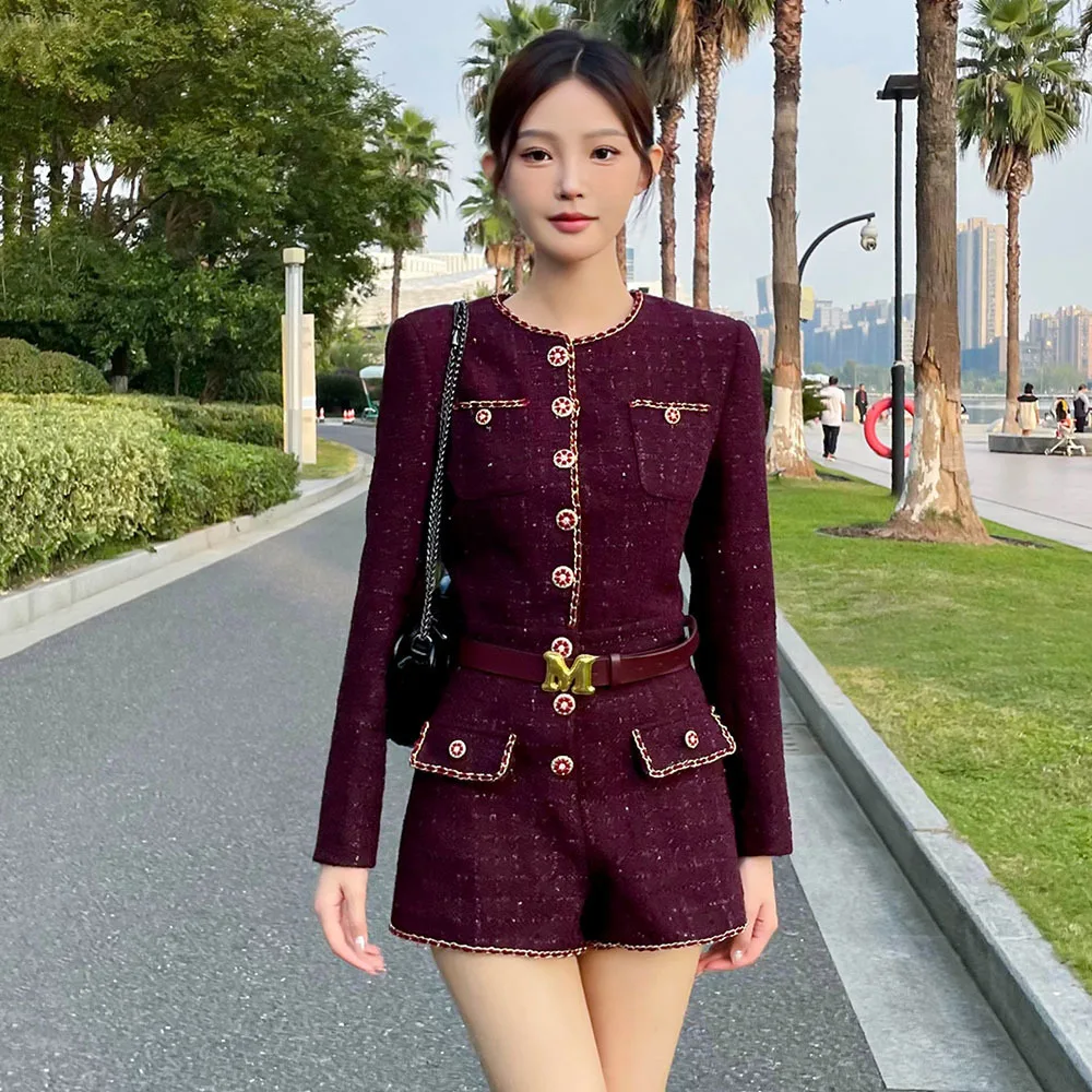 Elegant Luxury Tweed Bodysuits Ladies Korean Style Fashion Mini Jumpsuits 2025 Autumn New Arrival One Pieces Overalls for Women