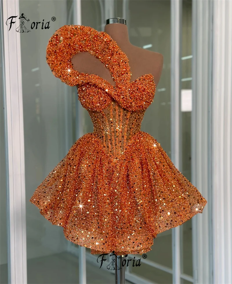 Orange Stunning Sequin Beaded Prom Dresses Arabic A Line Short Evening Dress Cocktail Party Gown Gala Vestidos birthday dresses