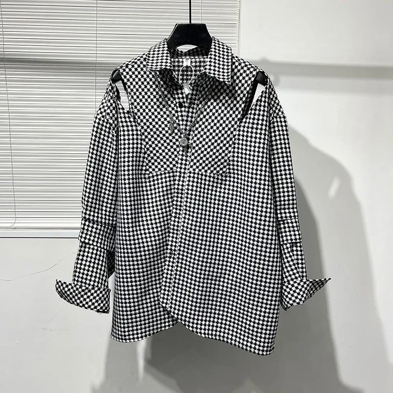 

SuperAen Spring Original Fashion Loose Broken Design Loose Shirt Women Plaid Long Sleeve Oversize Shirts
