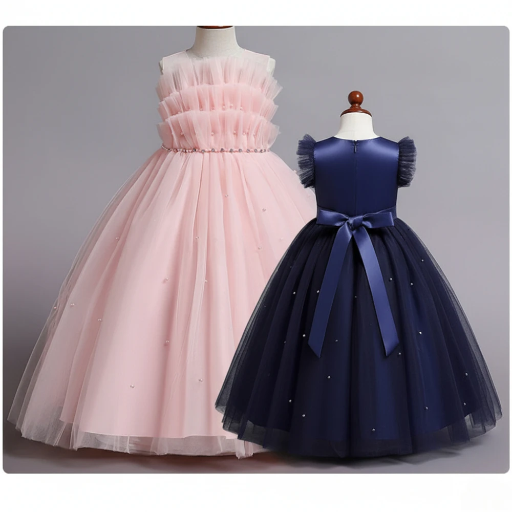 Elegant Girl Ruffled Tulle Princess Dress with Pearls Flower Teen Girl Wedding Gown Floor Length Kids Evening Party Formal Wear