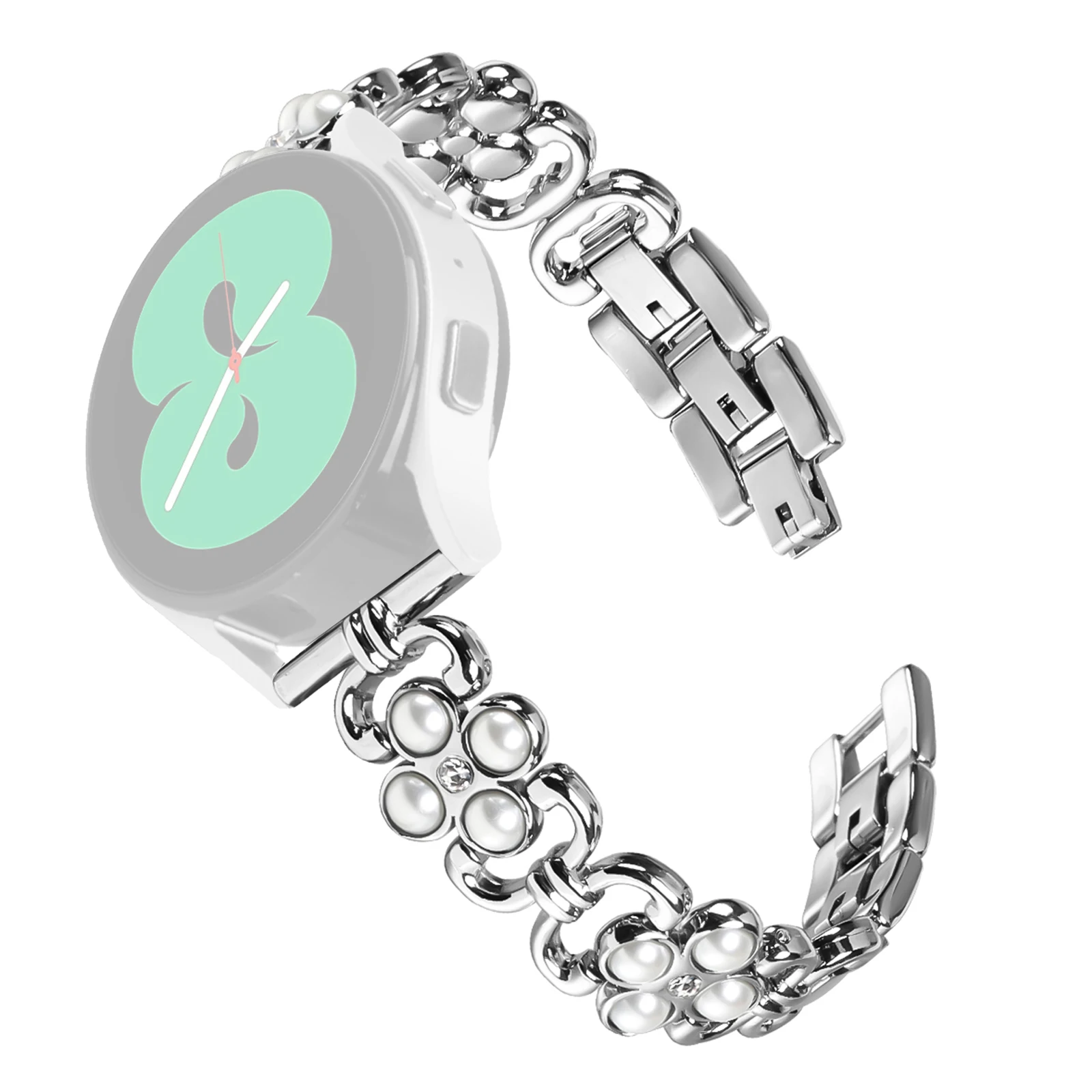 

For Garmin Forerunner 245 Music / 245 Watch Strap Pearl Decor Four Leaf Clover Stainless Steel Band - Silver