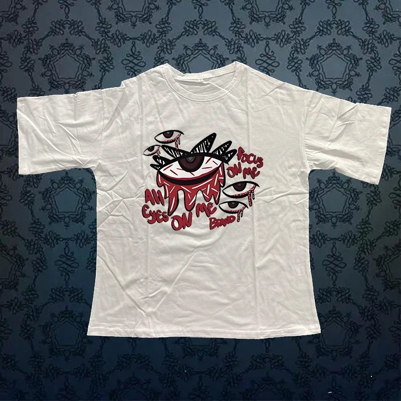 Harajuku Y2K Punk Goth Casual Versátil Top Estética Moda Vintage Streetwear Loose Tee Criativo Padrão de Olho Camiseta Impressão