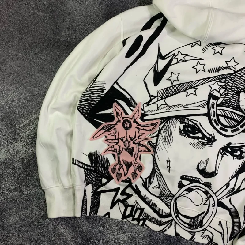 Y2K Retro Harajuku White Pullover Hoodie Vintage Anime Manga Graphic Print Streetwear Casual Loose Men Women Sweatshirt - Image 2