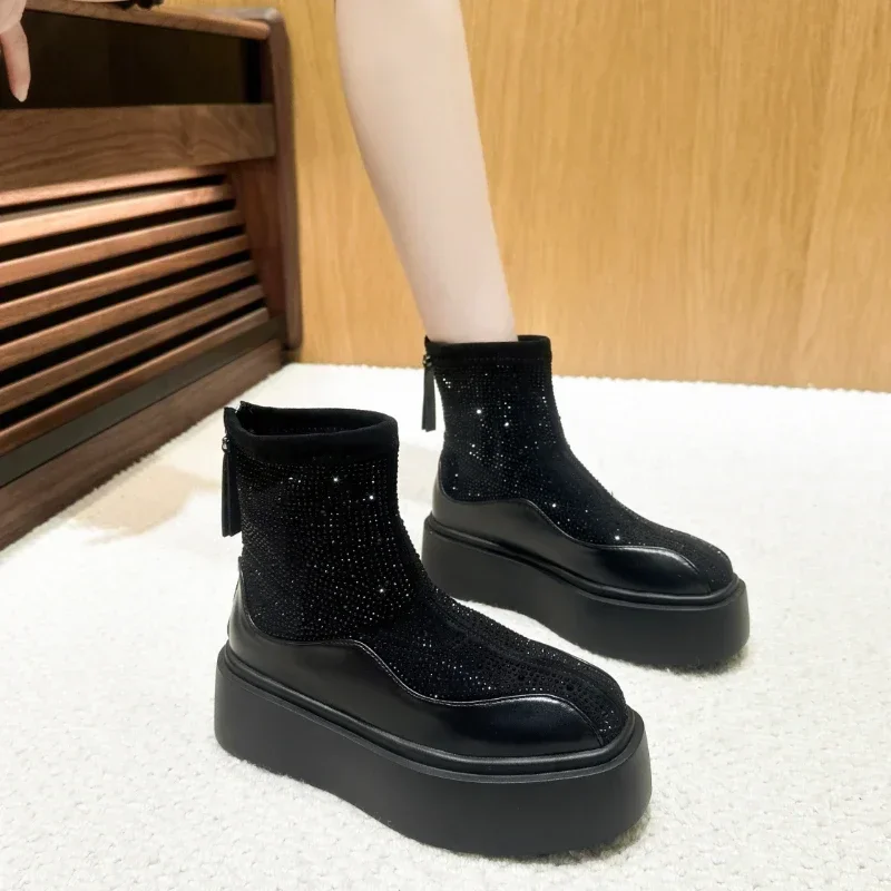 2024 New Designer Zipper ankle Boots Women\'s Shining Diamond Modern Boots Luxury Leather Elastic Thick soled High Heels zapatos