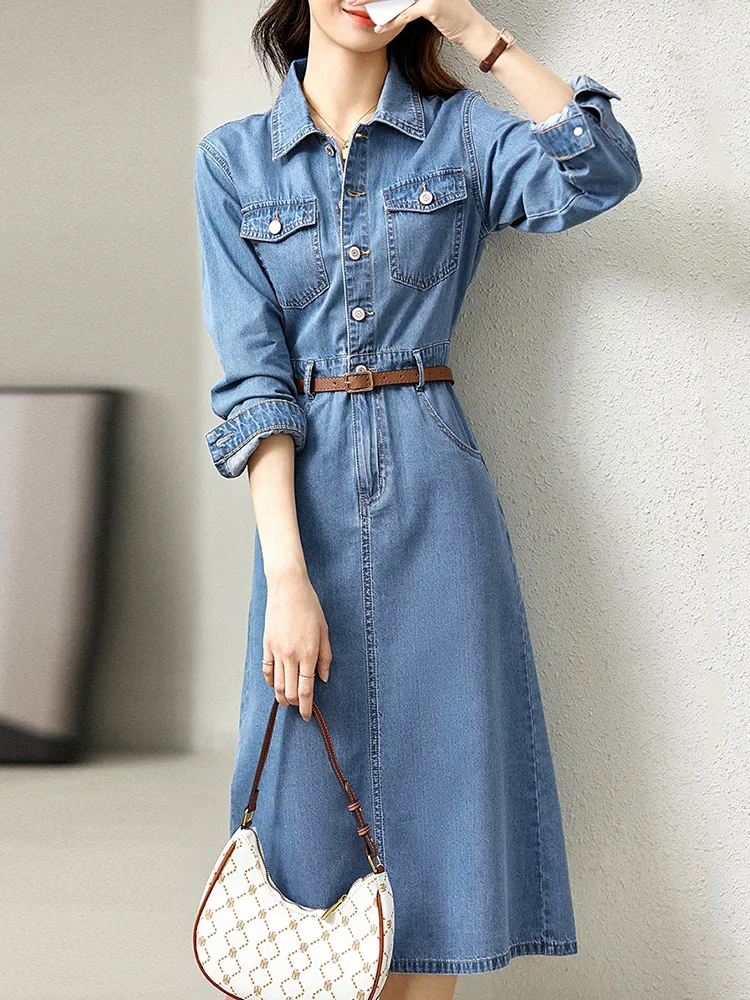 

SENTUBILA Denim Dress 2025 Spring New Design Temperament Turn-down Collar Button Pockets Party Vestido Belt Dress W23L42925