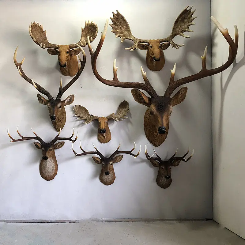 American Vintage Deer Head Wall Mount, Resin Simulation Animal Wall Decor Sculpture for Room,Rustic Lodge Hotel Background Art