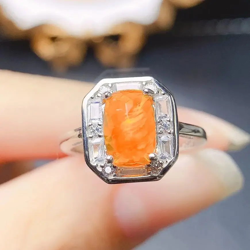 Genuine Emerald Cut Orange Fire Opal Halo ring 925 Sterling Silver Engagement Promise Band Ring Anniversary Promise Ring for Her