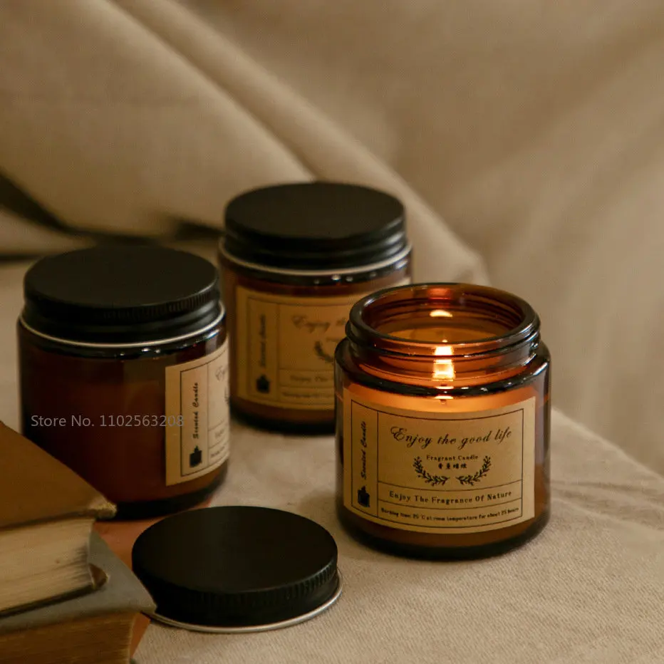 Creative Brown Diy Candle Empty Cups With Black Lids Glass Jars Bottle Handmade Dessert Scented Candles Glass Empty Jars