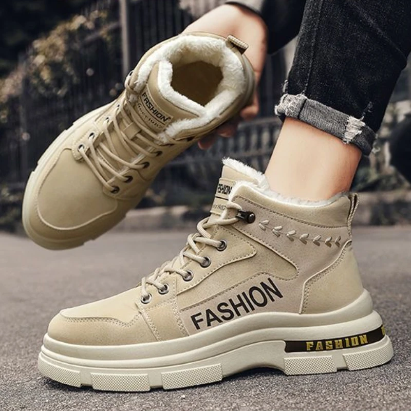 

Мужские высокие ботинки на платформе со шнуровкой, зимние теплые мужские туфли на меху, новая удобная винтажная повседневная дизайнерская дешевая обувь