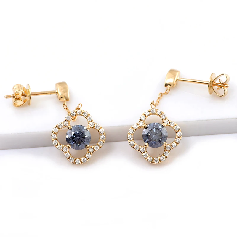 

Provence 18/14/10K Yellow Gold Gray Round Moissanite Stone Drop Earrings With Side Stones for Women Trendy Customized Gift