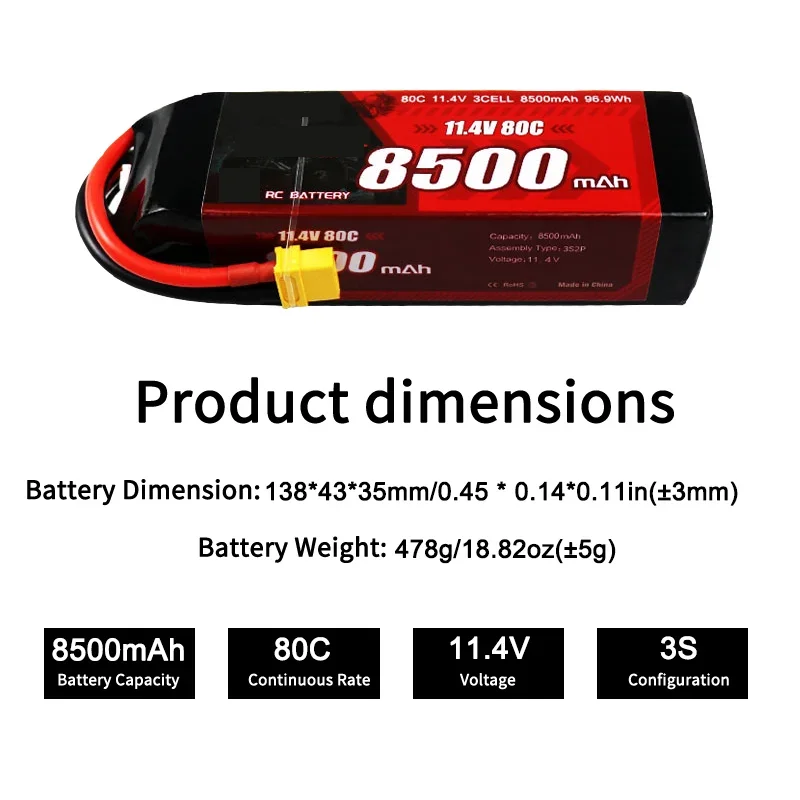 Premium 8500mAh 3S 11.4V 80C Large Capacity High Burst Stable Discharge Long Endurance Lipo Battery For RC Car Model Vehicle