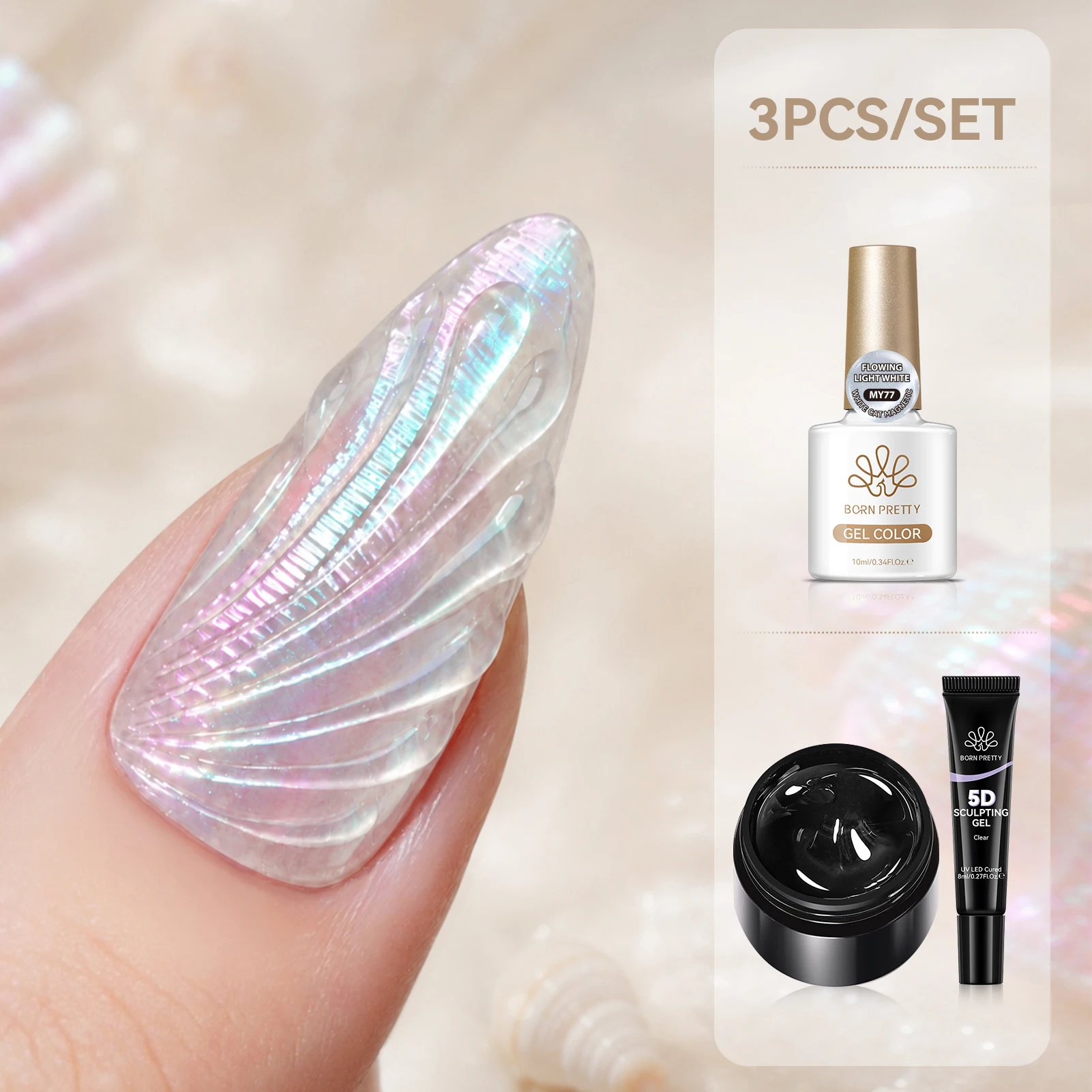 BORN PRETTY 3-teiliges Weißes Katzen-Magnetgel-Set mit 5D-Modelliergel-Nagellack für Sommer-Nageldesign DIY Heim-Maniküre
