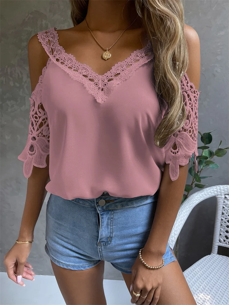 

Elegant Lace Splicing Loose V Neck Tops Women Half Sleeve Off The Shoulder Pullover T-Shirt Female Sweet Style Solid Color Tees