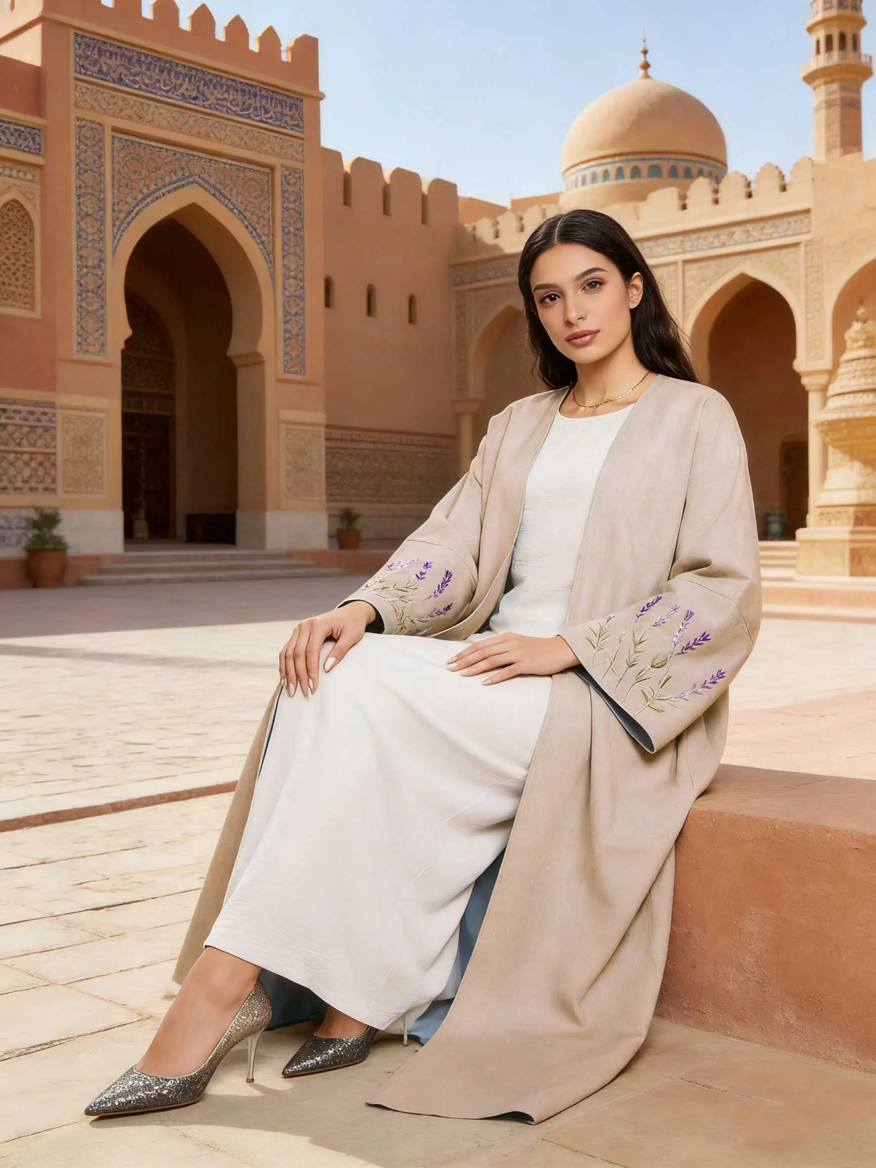 

Stylish Beige Open-Front Abaya Lavender Embroidery Cuff Design Women Muslim Moroccan Kaftan Ramadan Jalabiya Islam Dubai Arabic
