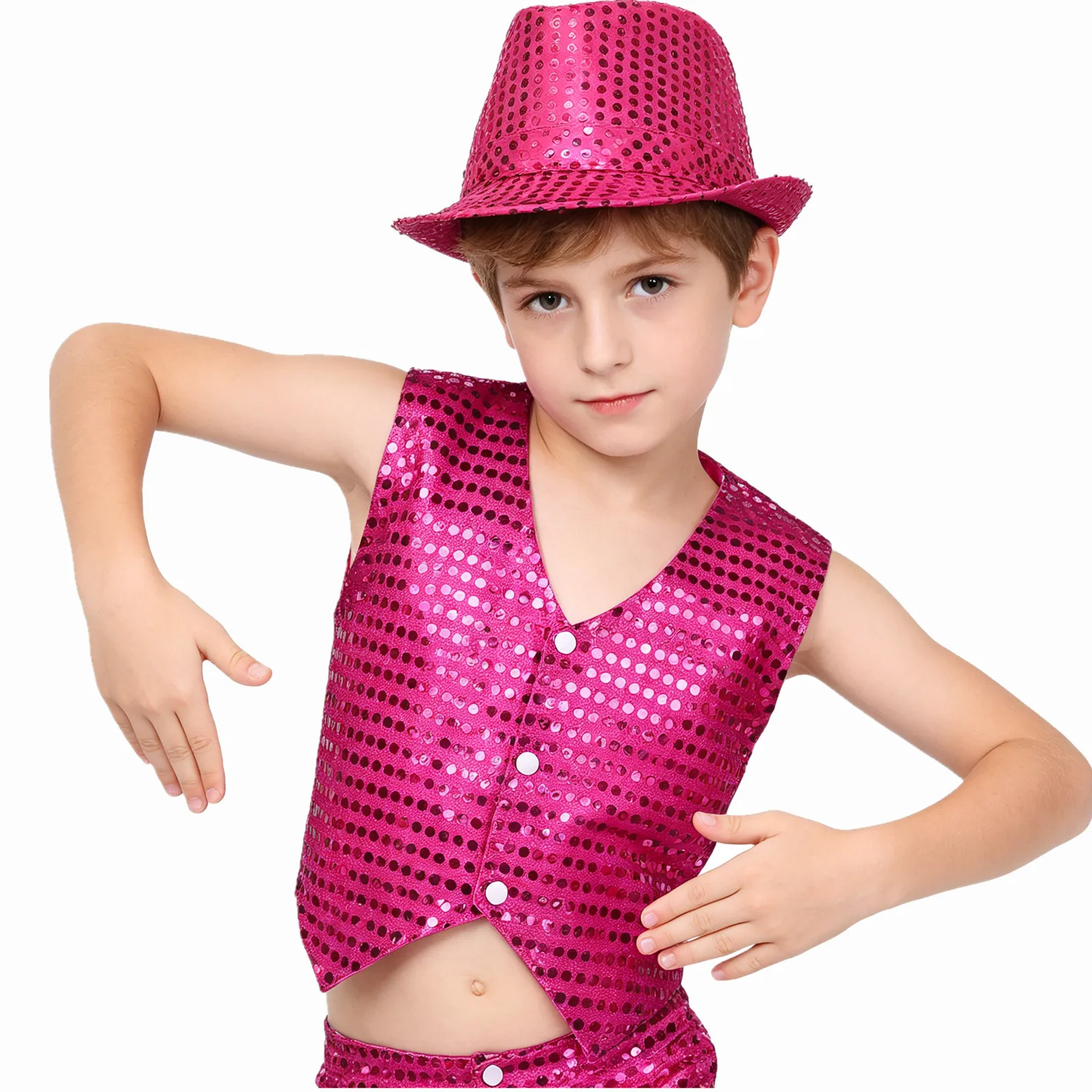 Kids Boys Hip Hop Jazz Dance top Stage Performance Costume Glittery Sequined Waistcoat with Hat view 2