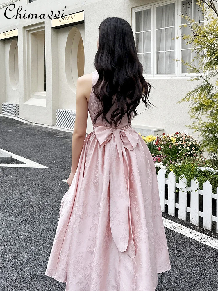 

French Elegant Sweet Pink Evening Party Dress Stand Neck Sleeveless Lace-up Bow Slim A-line Temperament Casual Long Dress Women
