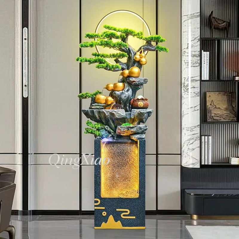 Floor Standing Water Fountain Ornament Rockery Pine Gourd Sculpture for Living Room Office Entryway Indoor Home Decor Gift
