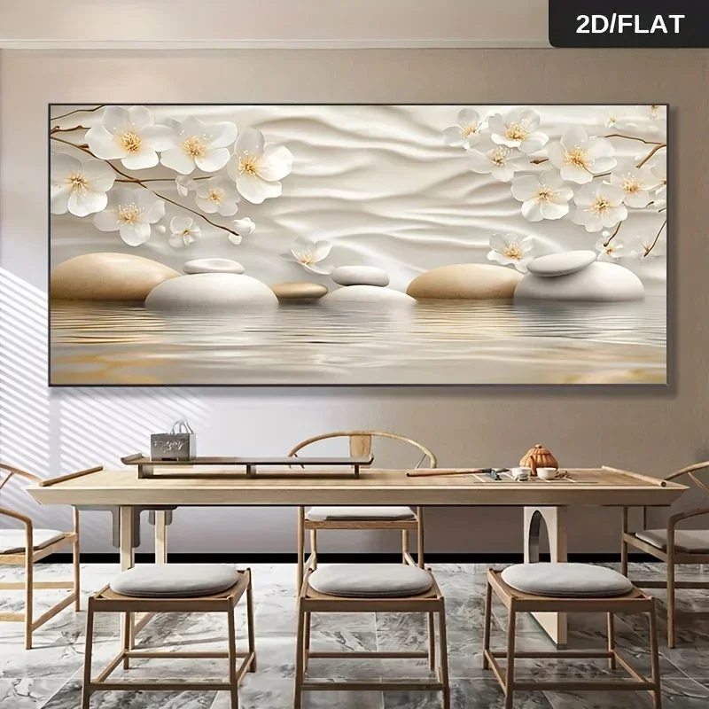 (1PC Unframe)Frameless Modern Canvas Wall Art Elegant Floral Pebbles & White Blossoms Design Print for Living Room, Bedroom, Ca