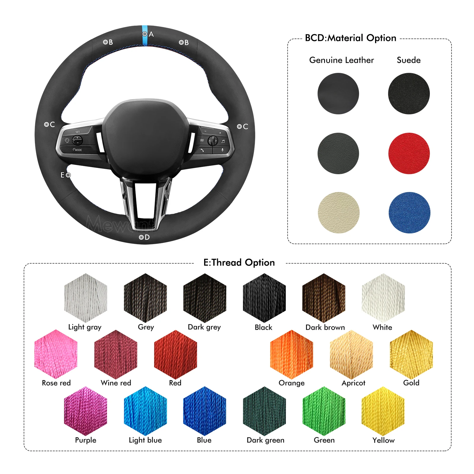 MEWANT car Steering Wheel Cover for BMW X1 M Sport 2023 Hand-Stitched Leather Car Steering Wrap for BMW