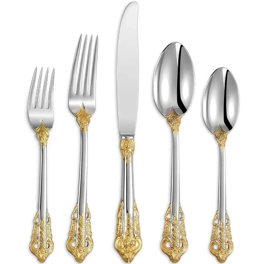 

Luxury 20 Pieces 18 10 Stainless Steel Flatware set Service for 4 silver plated with gold accents Fine Silverware set and Dishw