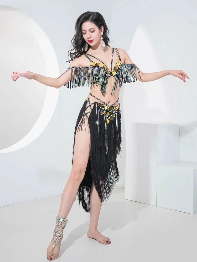 Nuevo estilo traje de actuación de danza del vientre tambor Solo espejo flecos traje de escenario dinámico