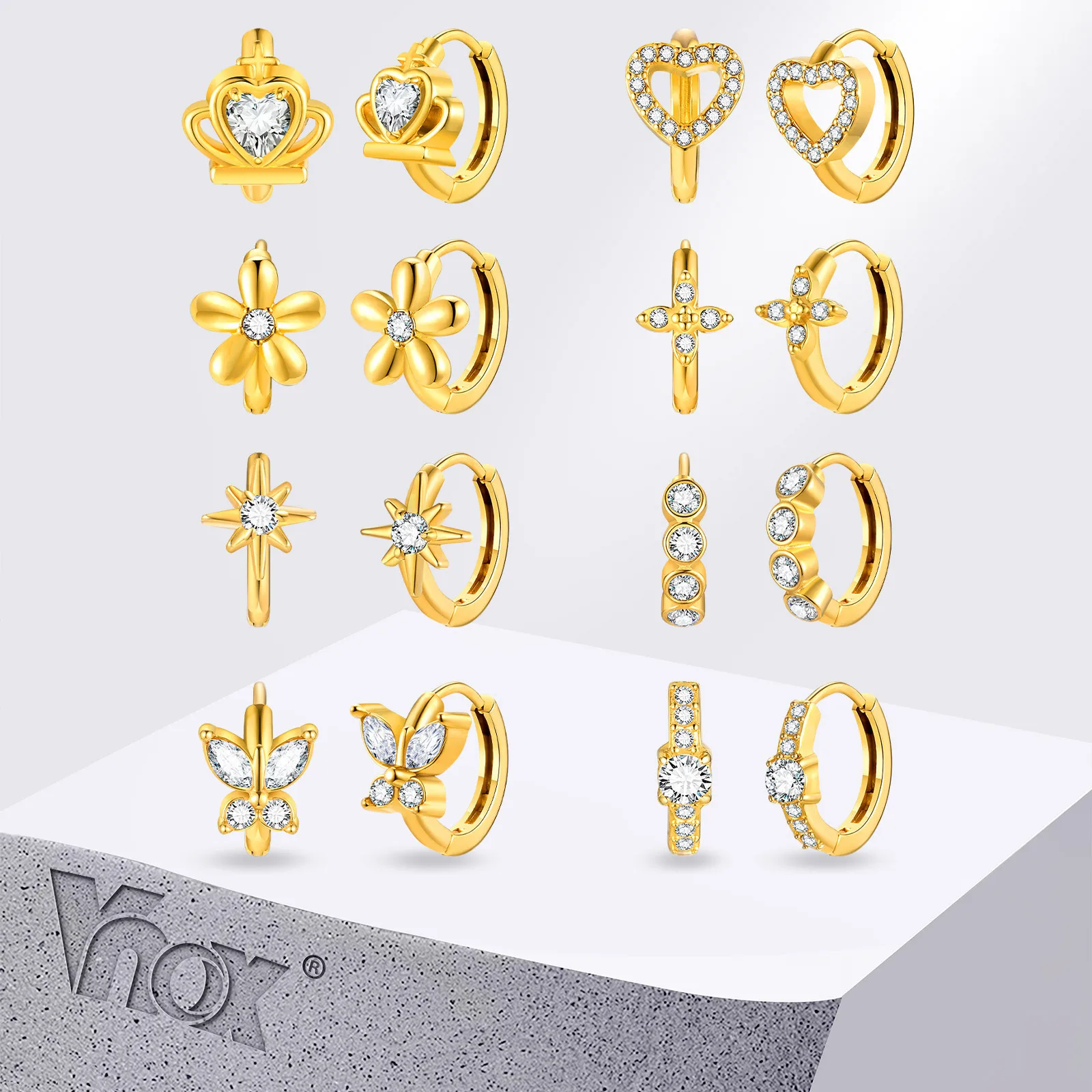 Vnox 18k Gold Plated Hoop Earrings For Women,Cubic Zirconia Inlay Heart Star Butterfly,Classic Fashion Jewelry Party Wedding