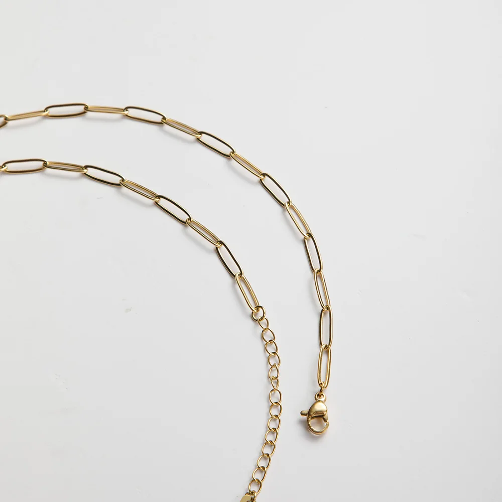 Fashion 18K Gold Plated Triangle Drill Rectangular Drop Shape Link Zirconia Pendant Stainless Steel Clip Chain Necklace YF4029
