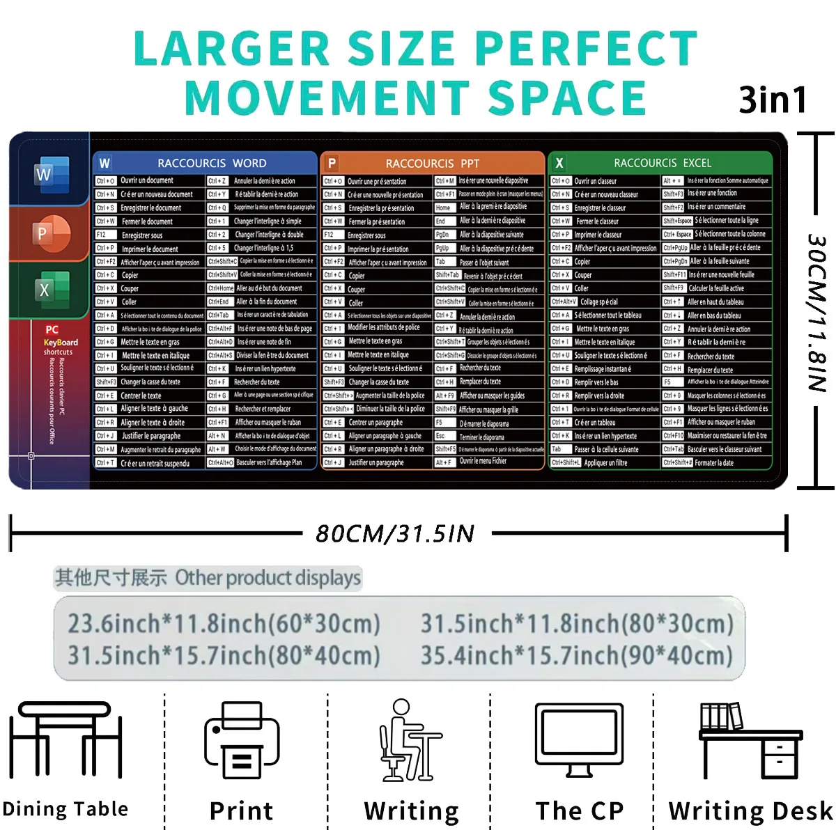 النسخة الفرنسية Excel/Word/Windows/PPT لوحة ماوس من ورقة الغش، لوحة مفاتيح الكمبيوتر لطلاب عمال المكاتب مكتب حصيرة مكتبية