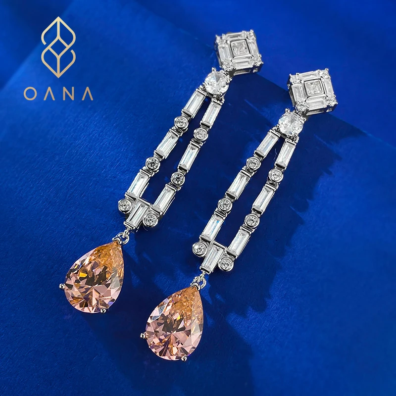 

OANA 925 Silver Padparadscha 5 Carat High Carbon Diamond Water Drop Long Tassel Earrings Free Shipping