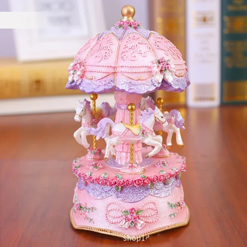 Modern Flashing LED Light Resin Carousel Music Box Kids Ornament Crafts Birthday Wedding Gifts Home Desk Accessories Decoration