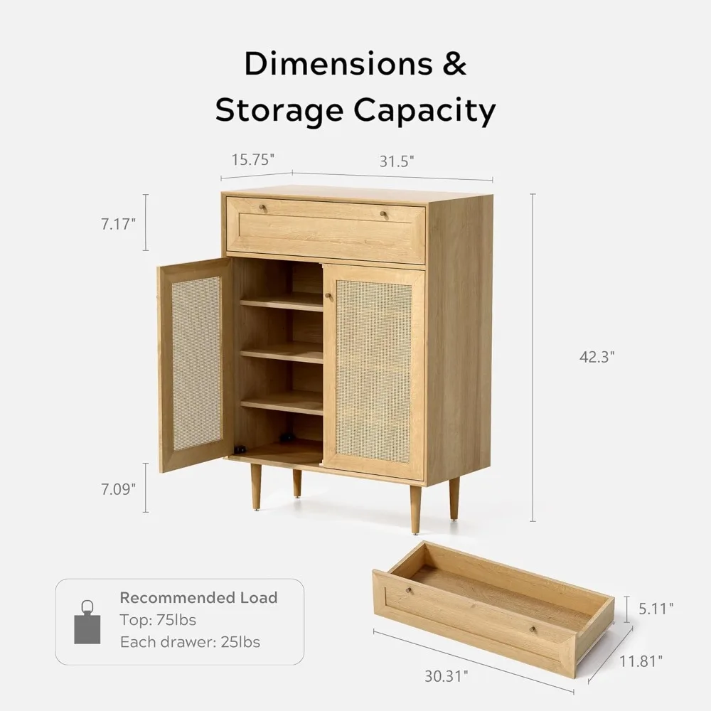 Large Shoe Storage Cabinet Set of 2, Modern Farmhouse Accent Shoe Cabinet with Drawer and Doors Freestanding Rattan Organizer Ra