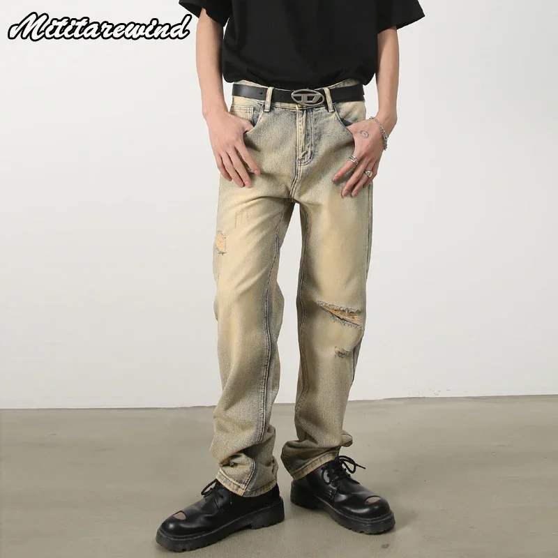 

Ripped Hole Jeans for Men Distressed Washed Vintage Denim Pants Men Gradient Hip Hop Streetwear Fashion Straight Jeans Trousers
