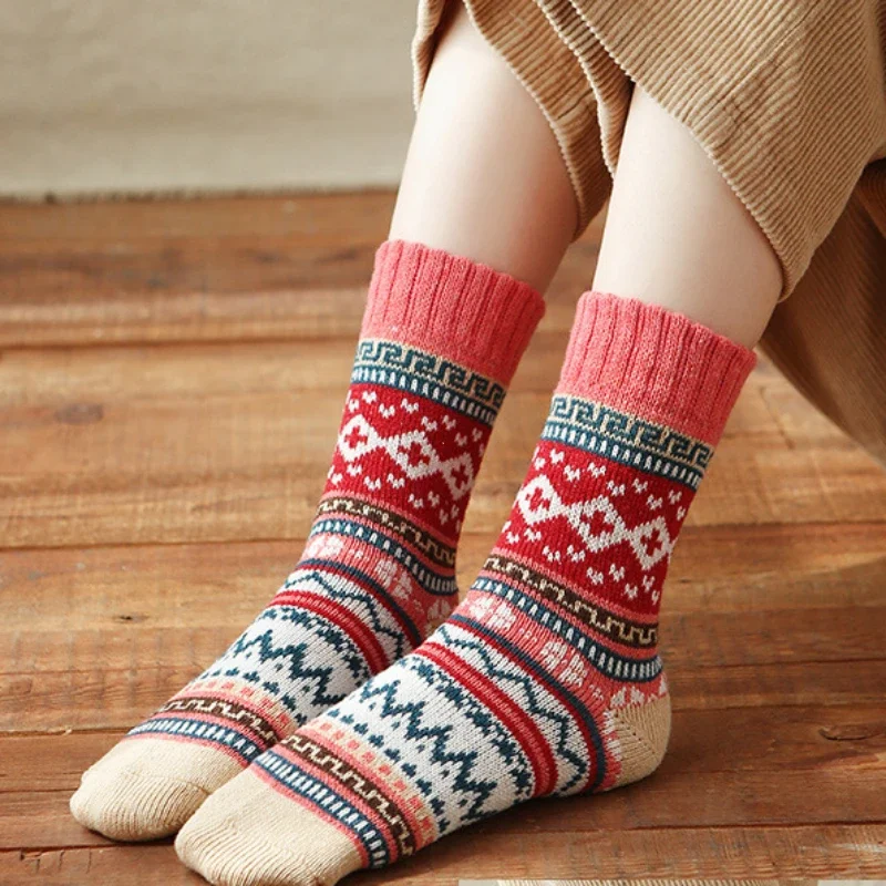 5 Pairs Lot Pack Women Socks Autumn Winter Snow Thickened Thermal Warm Folk-custom Retro Nordic Style Wool Socks Christmas Gift