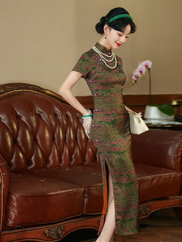 

Элегантное длинное ципао в стиле Шанхай, ретро, для повседневной носки, комфортное, дышащее, с цветочным принтом, короткий рукав, летняя новинка