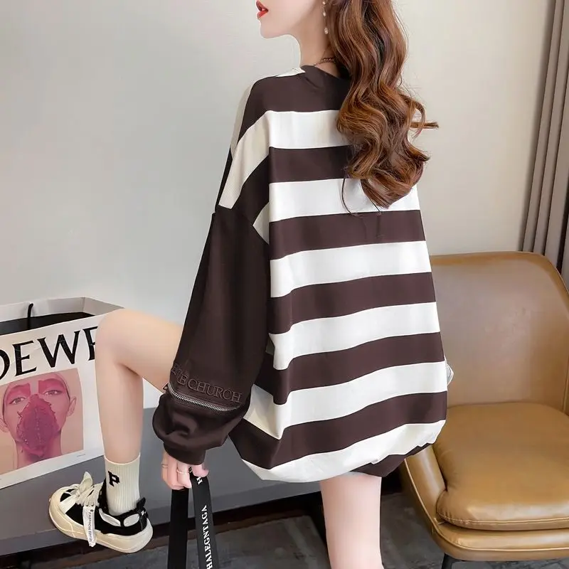 Striped Sweatshirts Pullover Autumn Winter Loose Mid Length Top Long Sleeve Female Casual Korean Patchwork Zipper Loose Top Tee