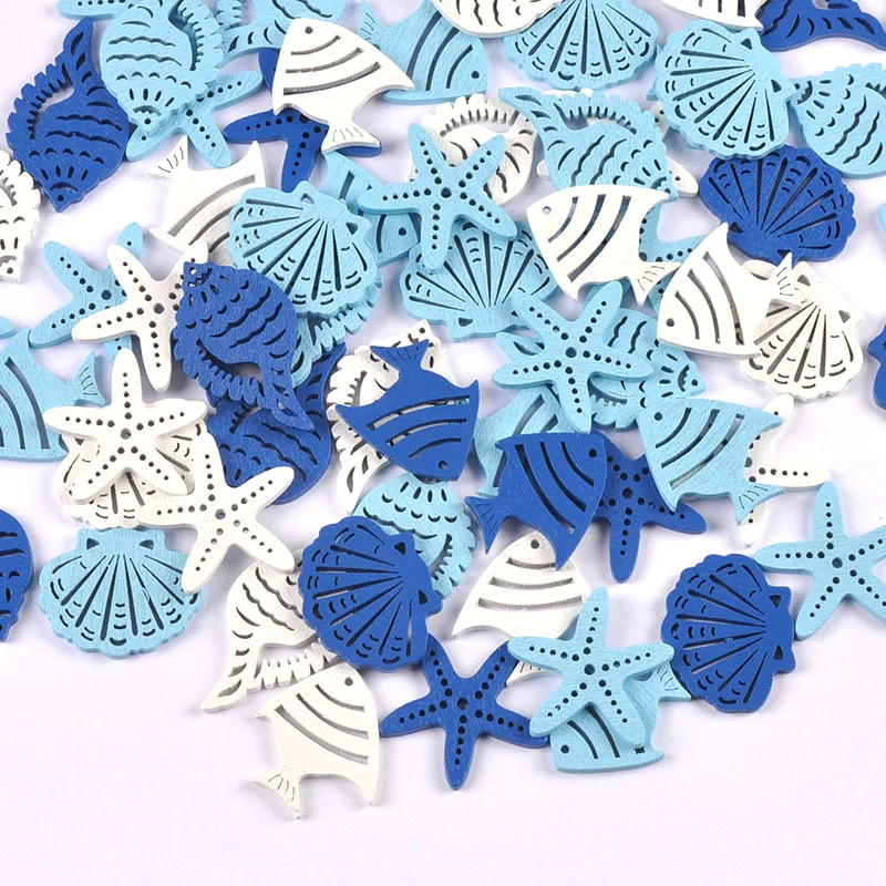 25 sztuk 3cm Mix seria oceaniczna niebieskie plastry drewna rzemiosło Scrapbooking niedokończone drewniane ozdoby DIY dekoracja wnętrz ozdoby